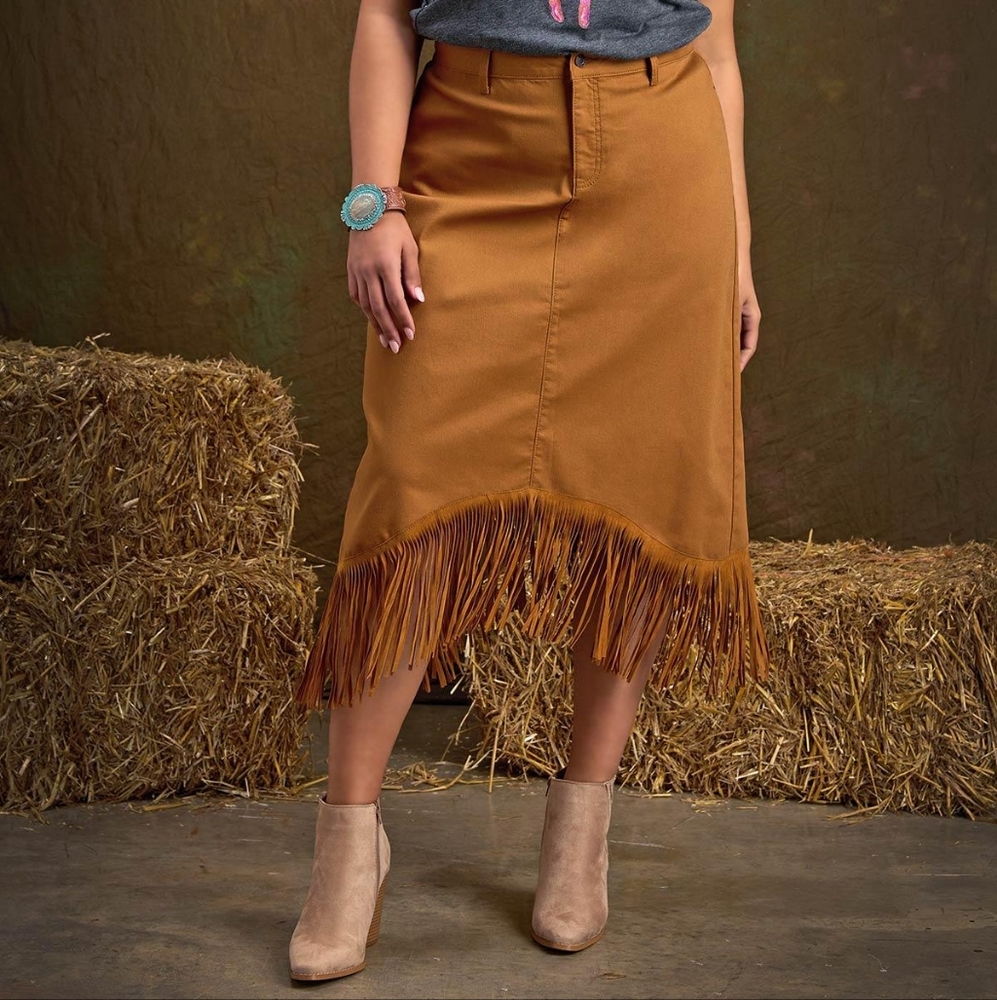 Fringe Hem Denim Midi Skirt Plus Size Tan Western Coastal Cowgirl NWT - Picture 7 of 11